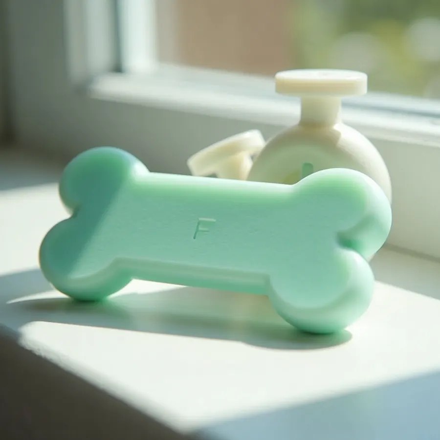 Pale mint 3D printed pet tags charging in direct sunlight on a windowsill