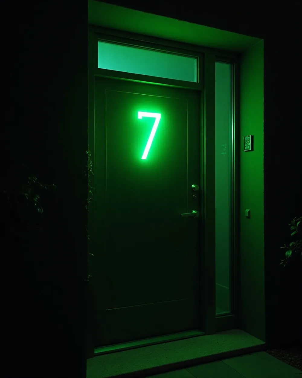A house number glowing green on a dark front door at night