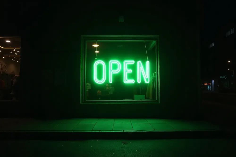 Glowing green storefront lettering spelling OPEN in a dark shop window