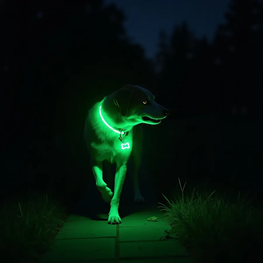 A dog on a dark path at night wearing a glowing green pet tag