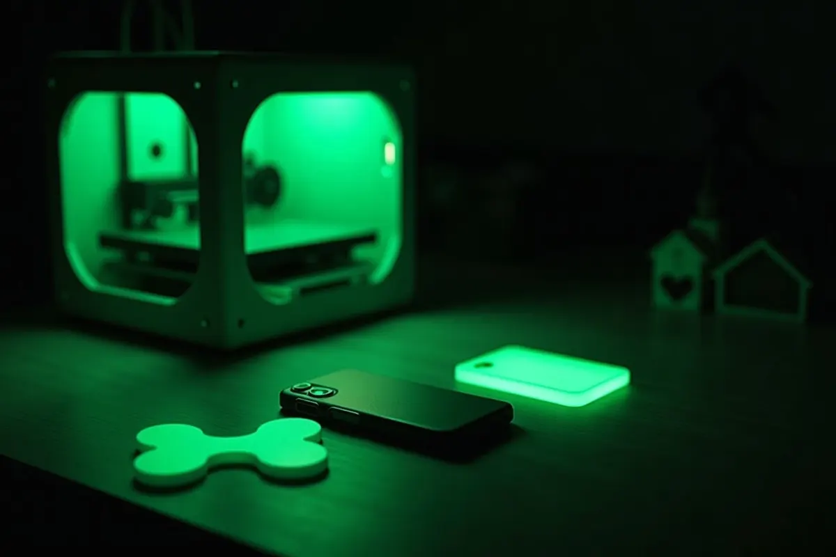 Finished 3D printed pieces glowing green on a dark workshop bench