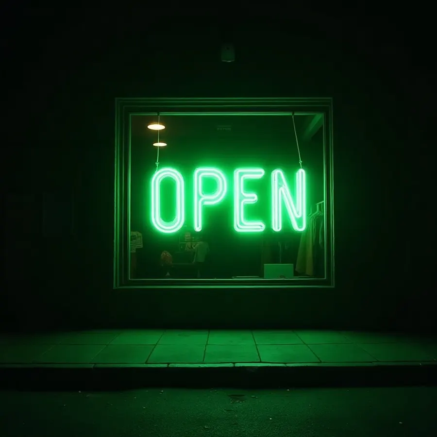 Glowing green three dimensional store lettering in a dark shop window at night