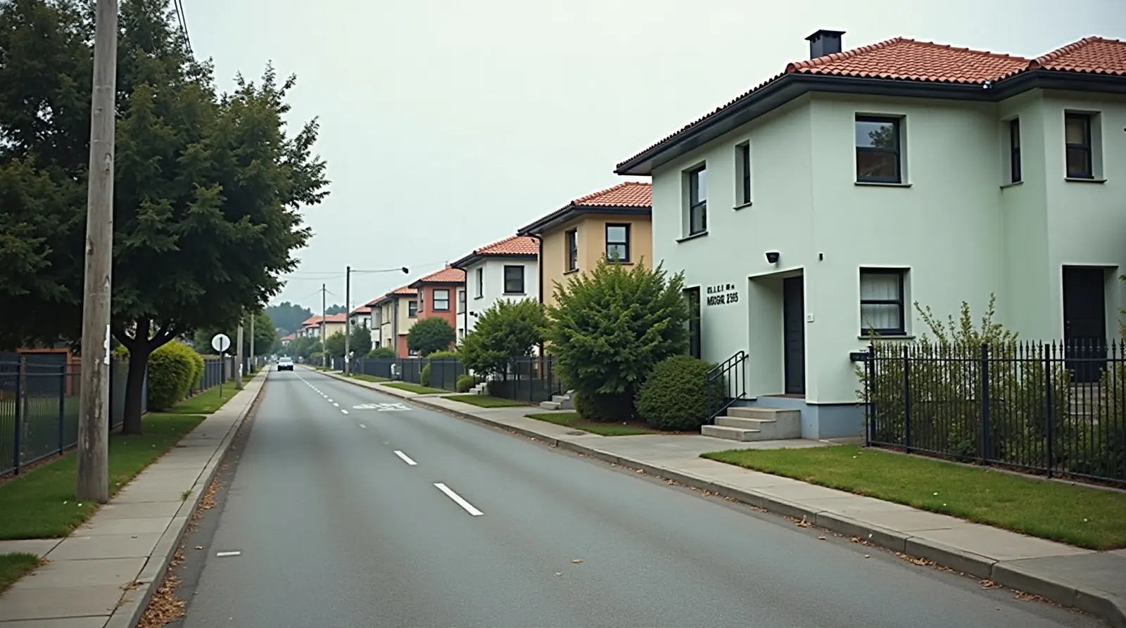 A quiet suburban street in flat afternoon daylight