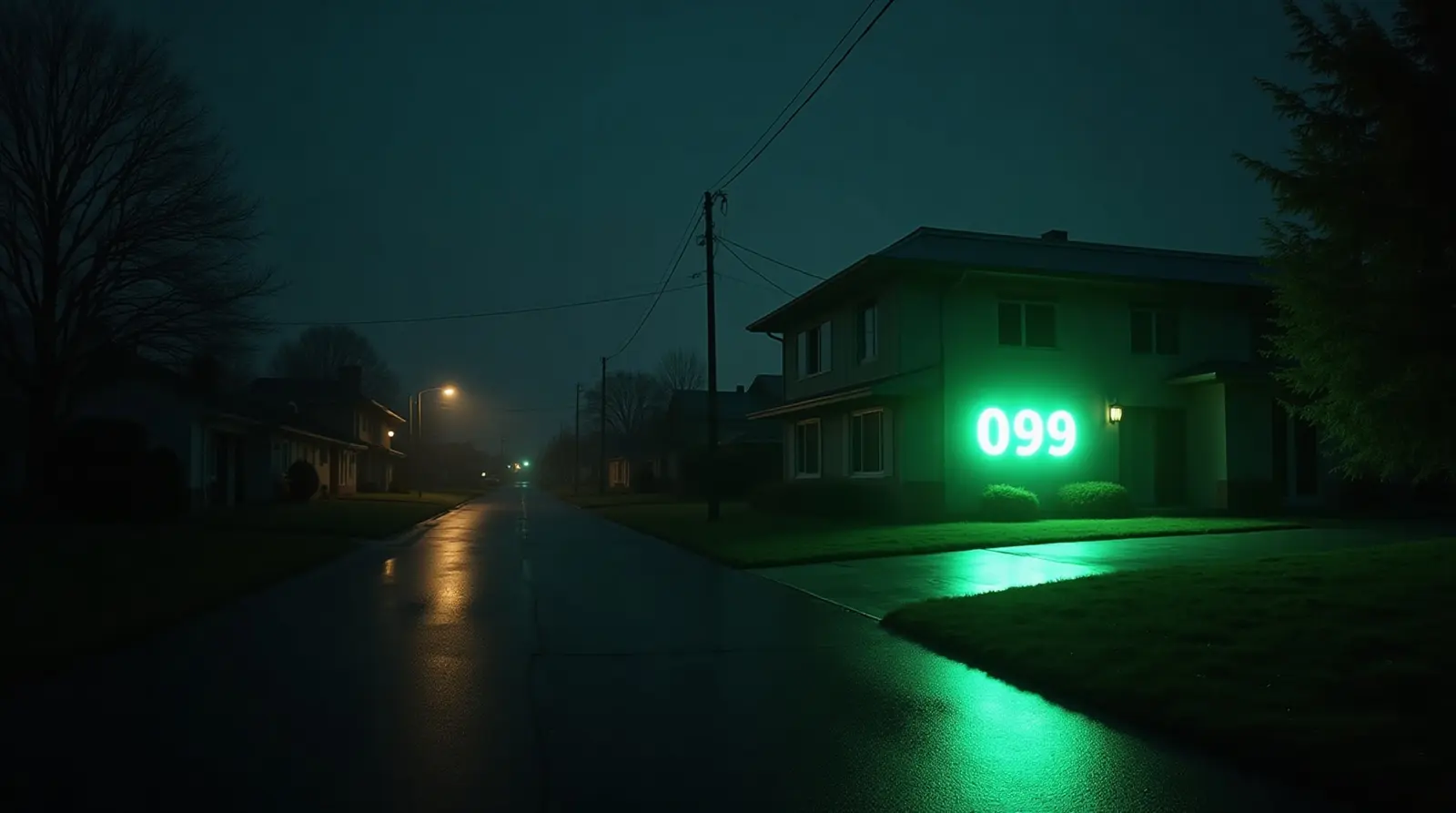 The same suburban street at night where one house shows glowing green house numbers